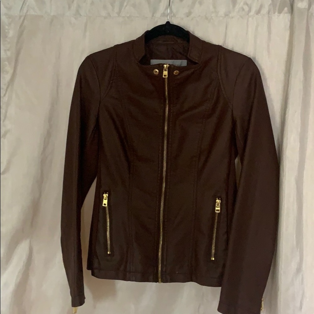Dark brown leather jacket.